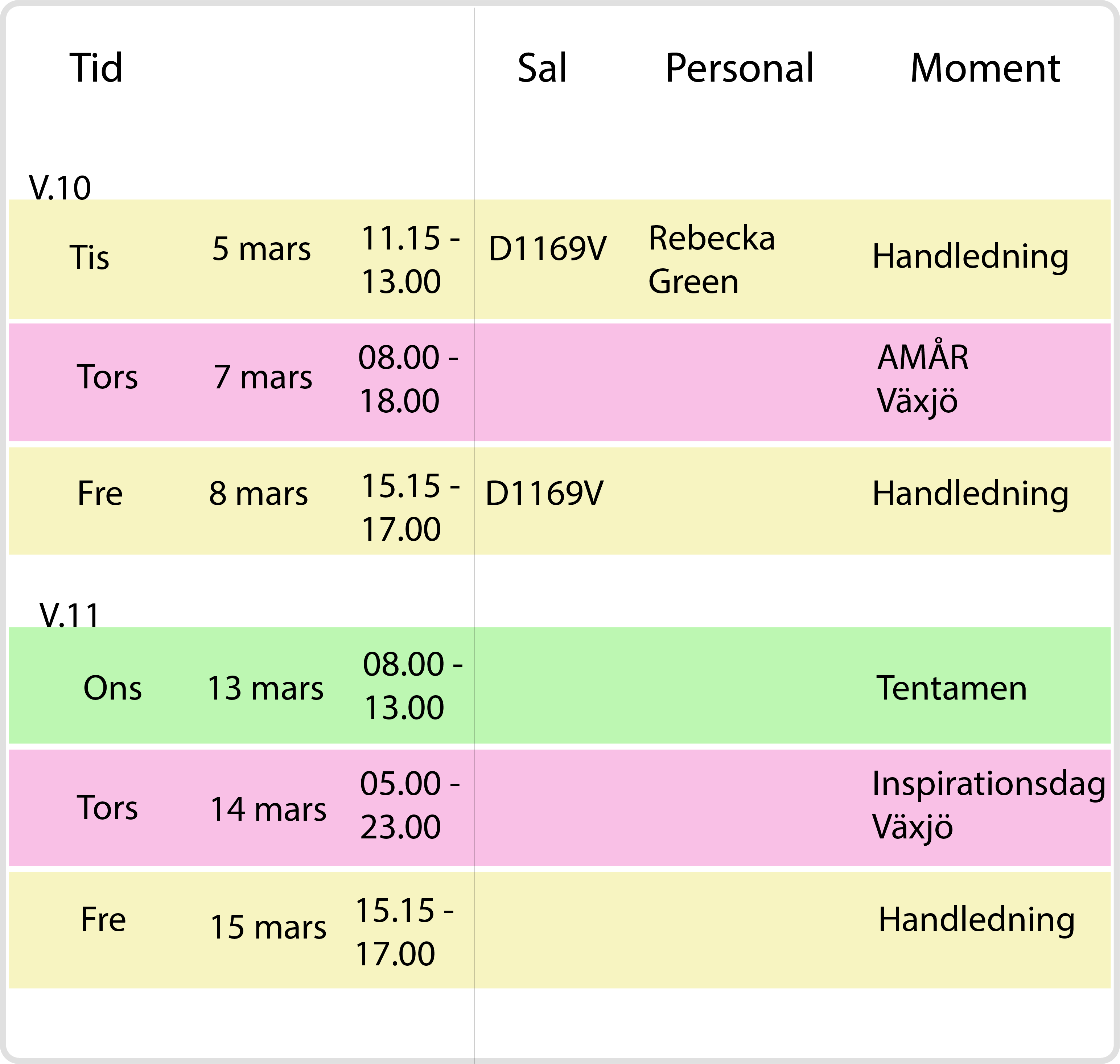 Schema vecka 10: handleding 5/3 , mässa AMÅR 7/3, handledning 8/3